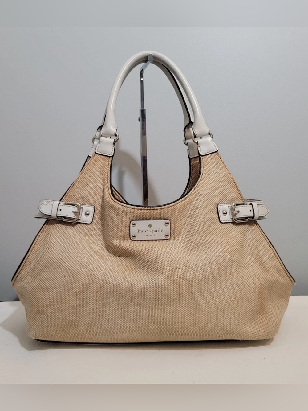 Kate Spade Dylan Beige Woven Burlap Shoulder Bag with White Leather Trim